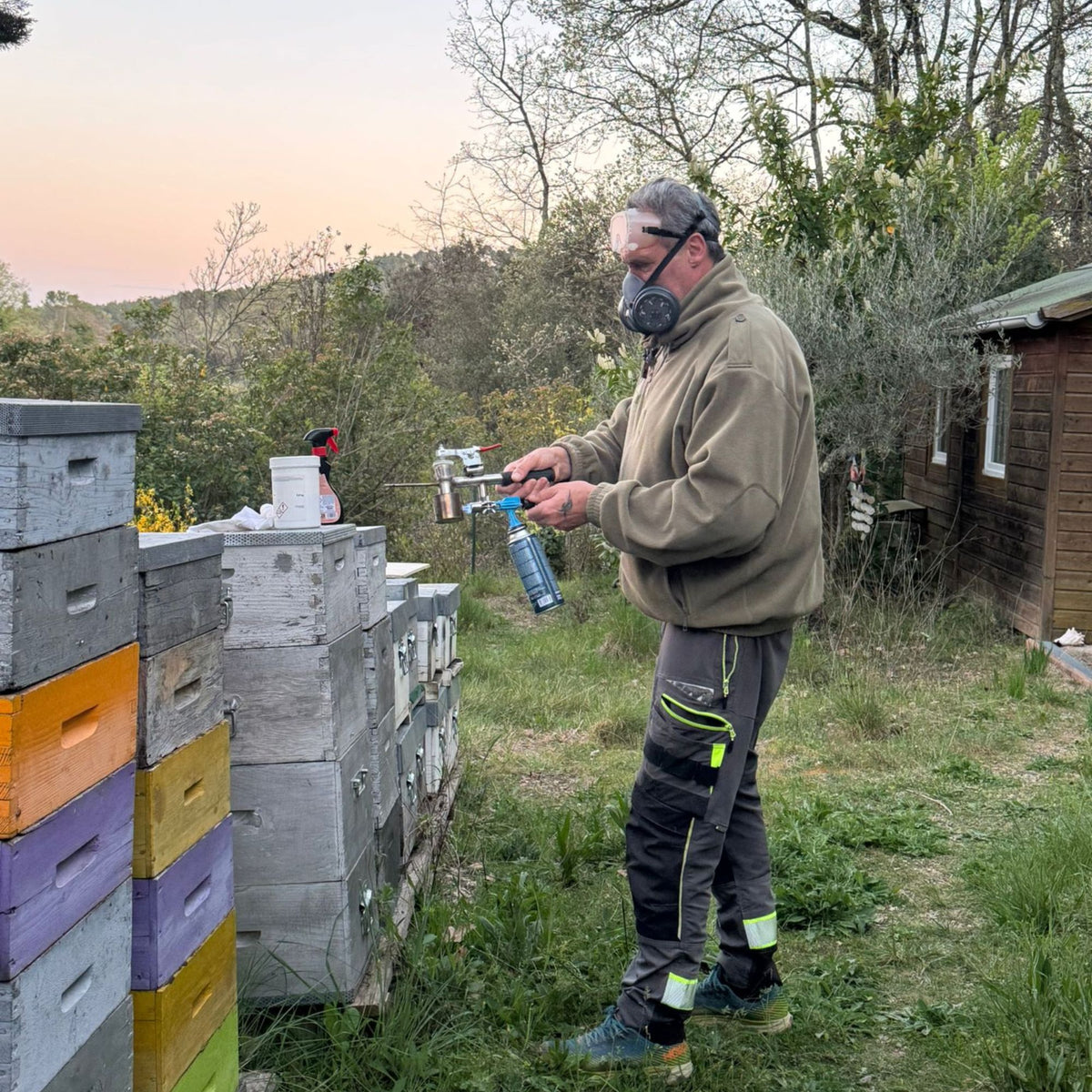 Marco, apiculteur chez Abeille Soleil, préparant son matériel au milieu des ruches colorées du rucher