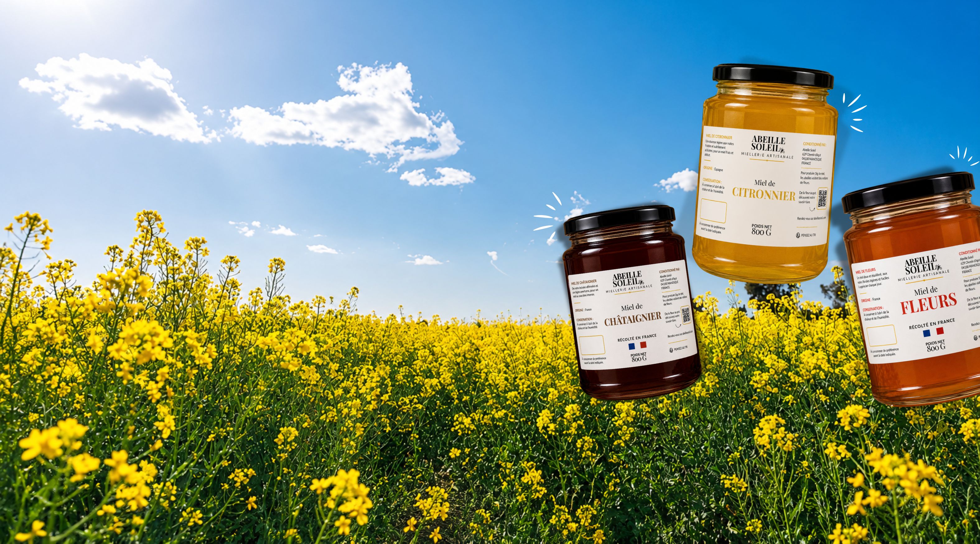 Champ de mimosa, 3 pots de miel