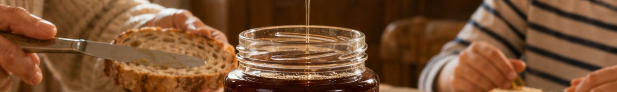 Filet de miel de châtaignier coulant dans un pot, entre une tartine de pain en préparation et un petit déjeuner partagé