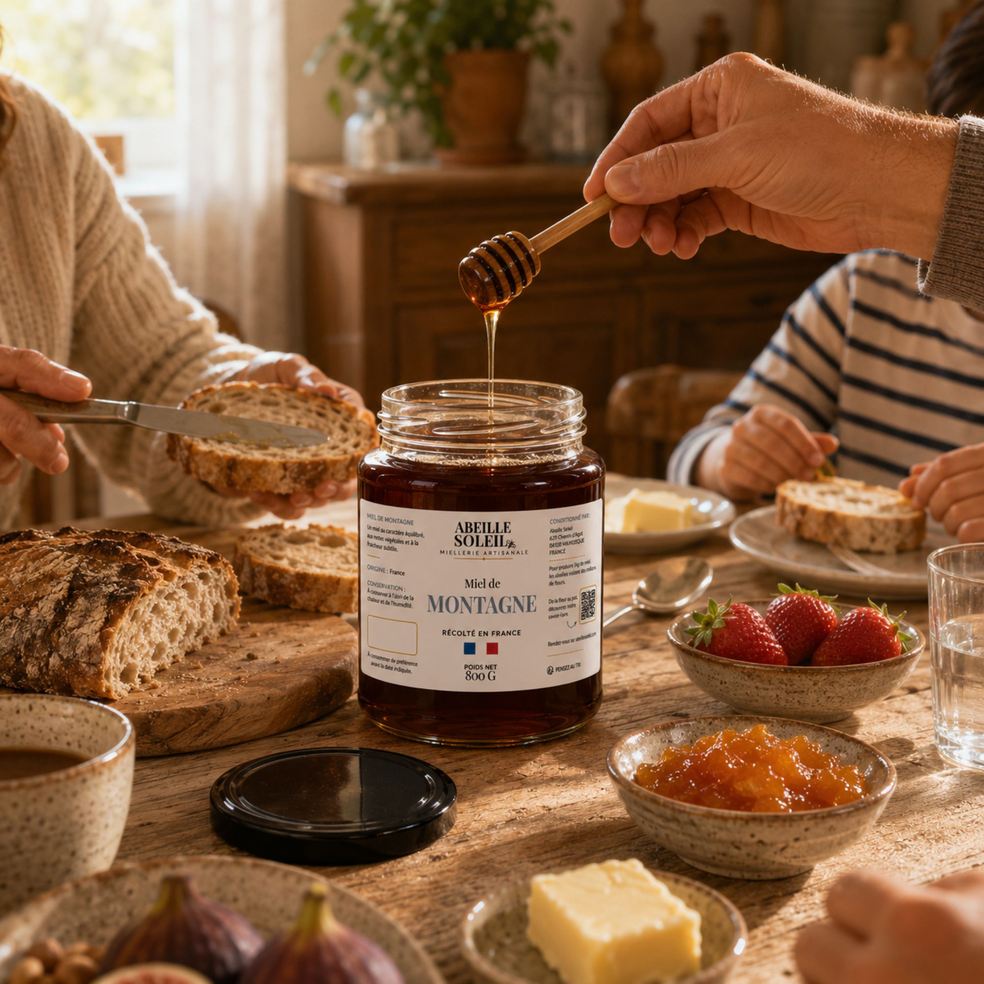 Miel de montagne Abeille Soleil sur une table de petit déjeuner en famille