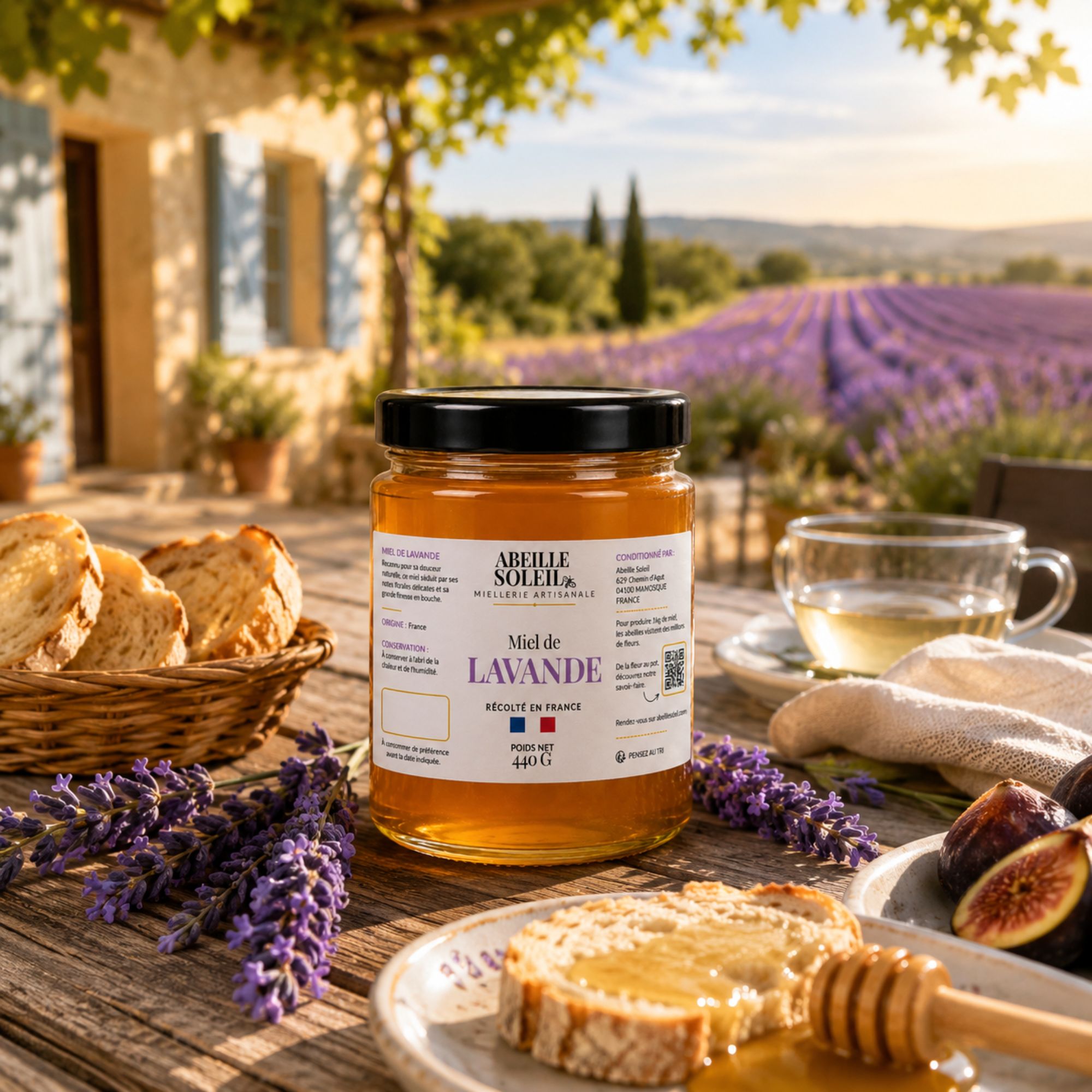 Miel de lavande français d'Abeille Soleil sur une table de petit déjeuner avec un champ de lavande à l'arrière