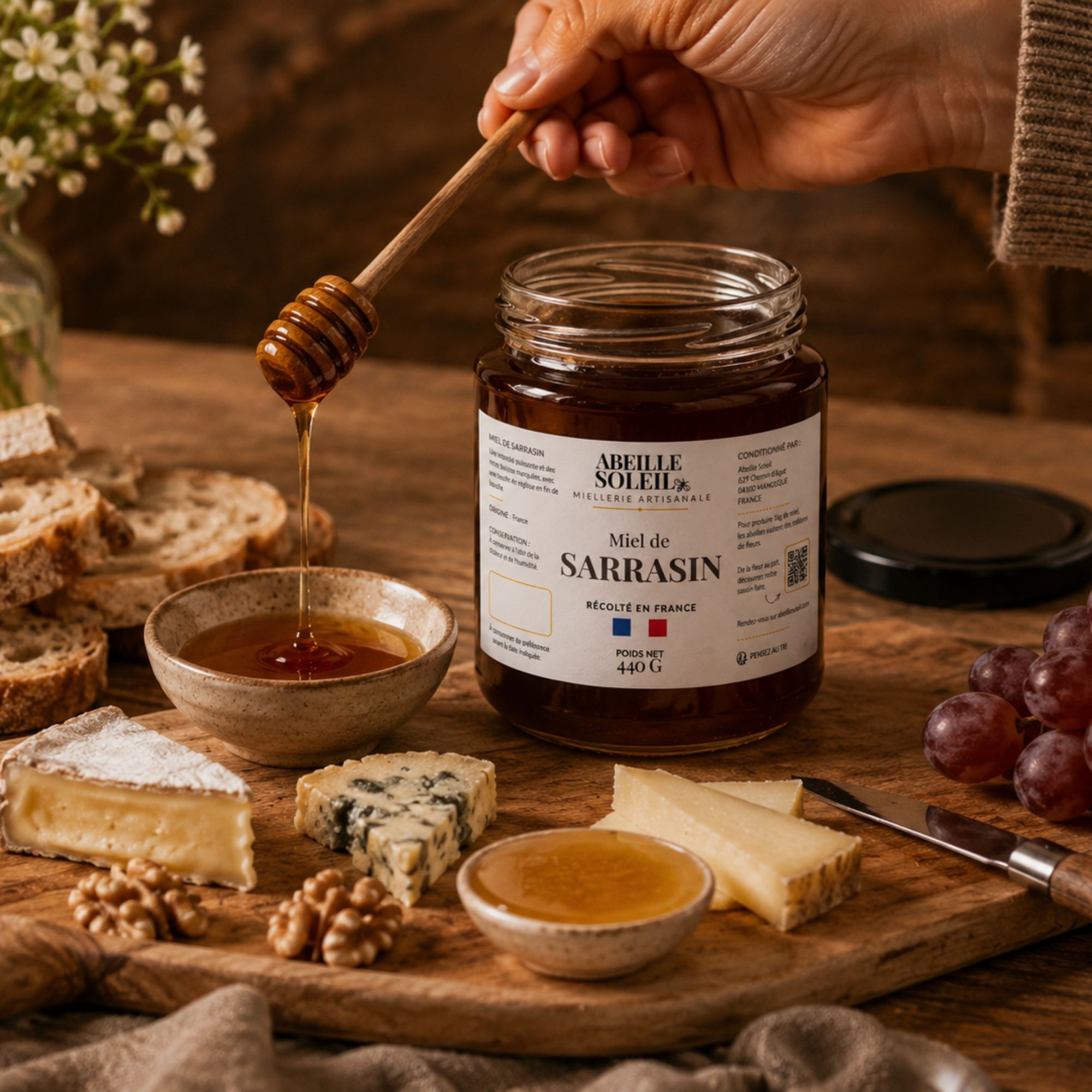 Miel de sarrasin français accompagné d'un plateau de fromage à partager