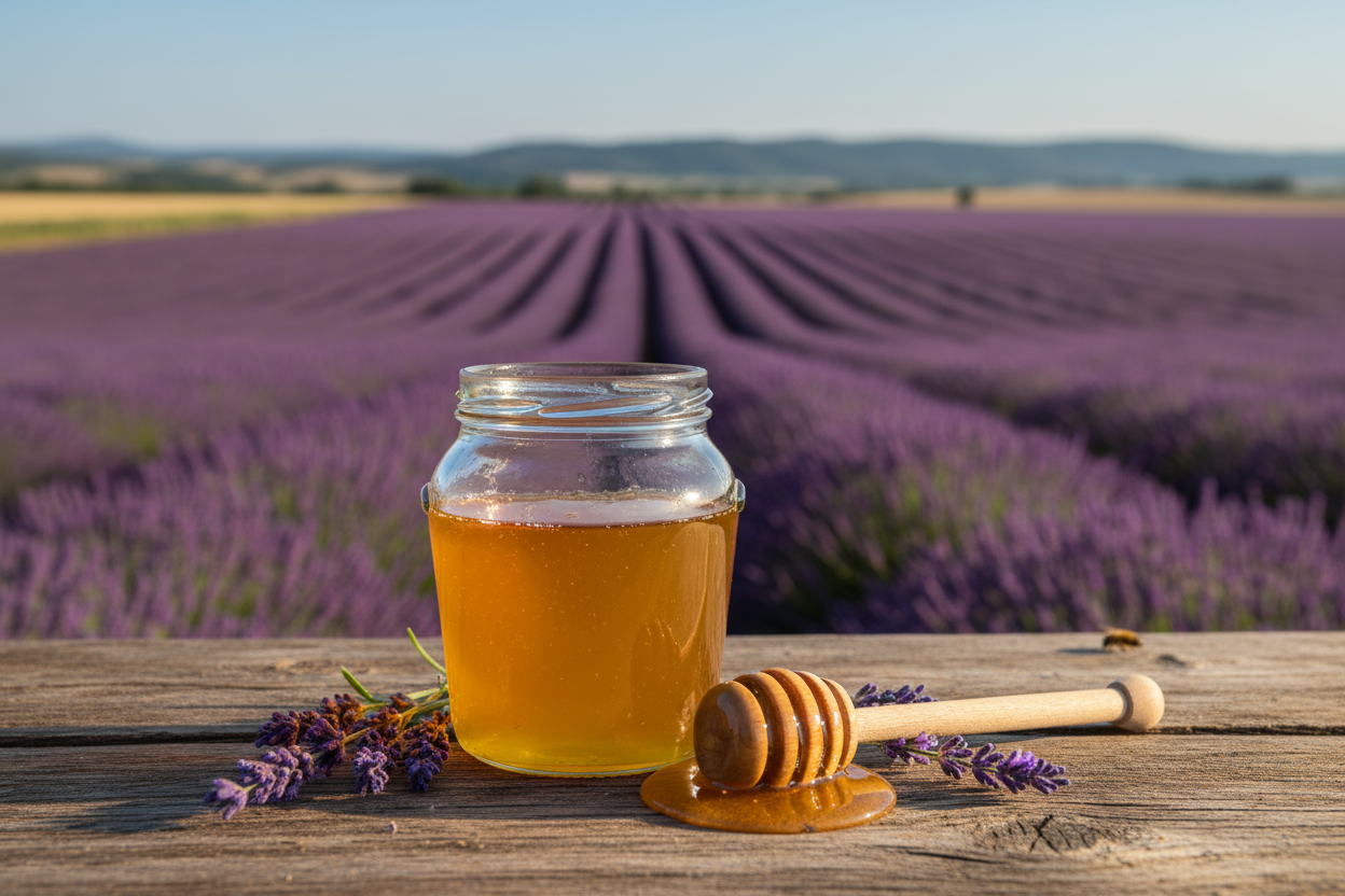 Des champs de lavande avec un pot de miel en premier plan et une cuillère à miel en bois 