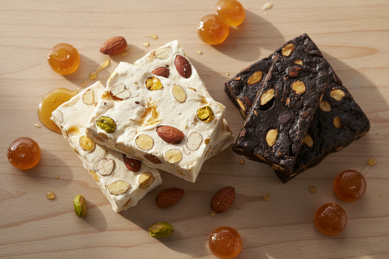 du nougat blanc et noir et des bonbons au miel posés sur un support couleur bois clair